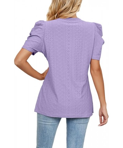 Women's Tops Puff Sleeve T Shirts Eyelet Dressy Casual V Neck Solid Color Tops Blouse Purple $13.44 Others