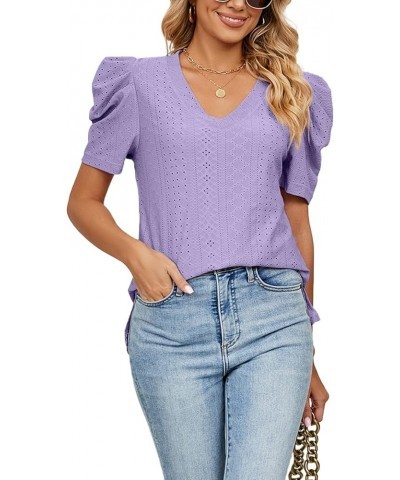 Women's Tops Puff Sleeve T Shirts Eyelet Dressy Casual V Neck Solid Color Tops Blouse Purple $13.44 Others