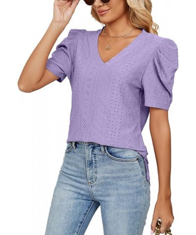 Women's Tops Puff Sleeve T Shirts Eyelet Dressy Casual V Neck Solid Color Tops Blouse Purple $13.44 Others