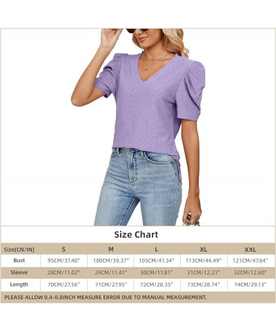 Women's Tops Puff Sleeve T Shirts Eyelet Dressy Casual V Neck Solid Color Tops Blouse Purple $13.44 Others