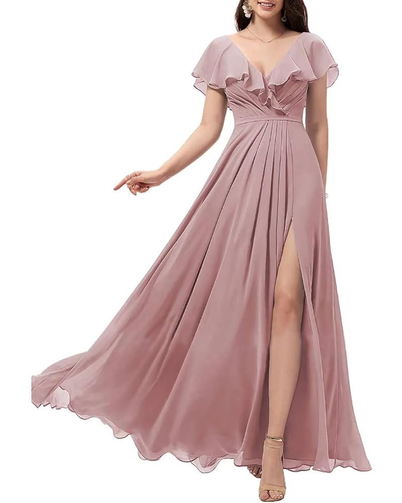 Women's Ruffle Sleeves Bridesmaid Dresses with Slit V-Neck Evening Party Gown Long Chiffon Formal Dress Dusty Rose $32.56 Dre...