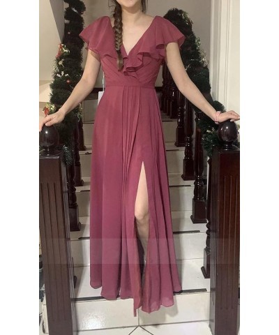 Women's Ruffle Sleeves Bridesmaid Dresses with Slit V-Neck Evening Party Gown Long Chiffon Formal Dress Dusty Rose $32.56 Dre...