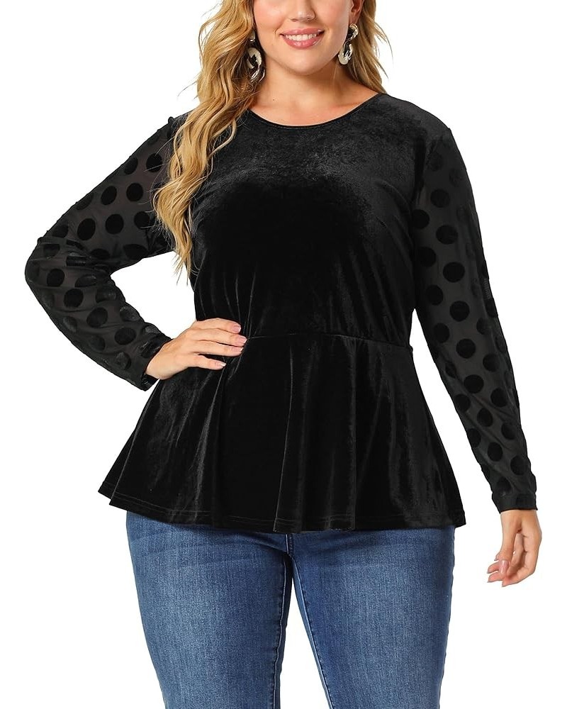 Plus Size Top for Women Polka Dots Sheer Sleeve Velvet Peplum Tops 2023 Black $16.73 Blouses