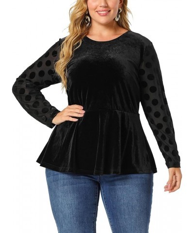 Plus Size Top for Women Polka Dots Sheer Sleeve Velvet Peplum Tops 2023 Black $16.73 Blouses