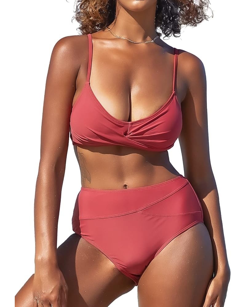 Women's High Waisted Bikini Sets Criss Cross Ruched Two Pieces Push Up Swimsuits 02cameo Brown $18.80 Swimsuits