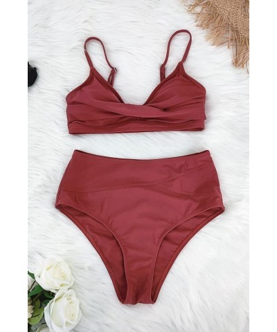 Women's High Waisted Bikini Sets Criss Cross Ruched Two Pieces Push Up Swimsuits 02cameo Brown $18.80 Swimsuits