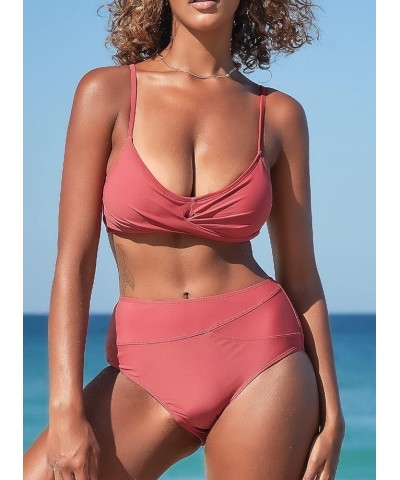 Women's High Waisted Bikini Sets Criss Cross Ruched Two Pieces Push Up Swimsuits 02cameo Brown $18.80 Swimsuits