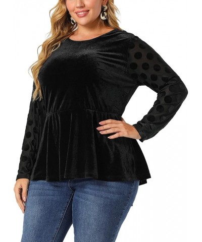 Plus Size Top for Women Polka Dots Sheer Sleeve Velvet Peplum Tops 2023 Black $16.73 Blouses