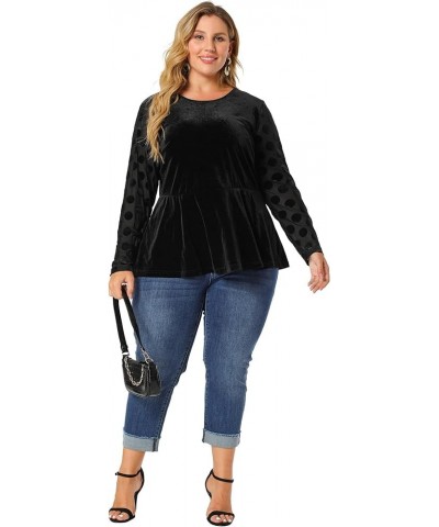 Plus Size Top for Women Polka Dots Sheer Sleeve Velvet Peplum Tops 2023 Black $16.73 Blouses