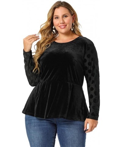 Plus Size Top for Women Polka Dots Sheer Sleeve Velvet Peplum Tops 2023 Black $16.73 Blouses