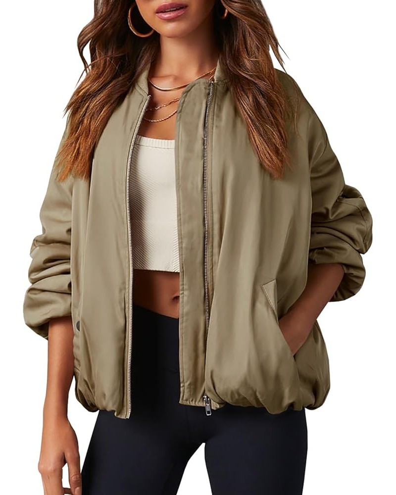 Womens Zip Up Bomber Jacket Oversized Fashion Casual Fully Lined Winter Coats With Pockets Dark Khaki $26.46 Jackets