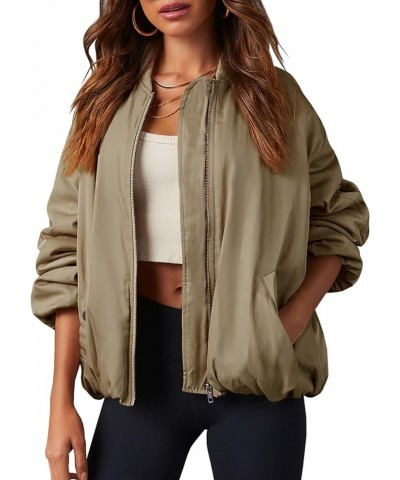 Womens Zip Up Bomber Jacket Oversized Fashion Casual Fully Lined Winter Coats With Pockets Dark Khaki $26.46 Jackets