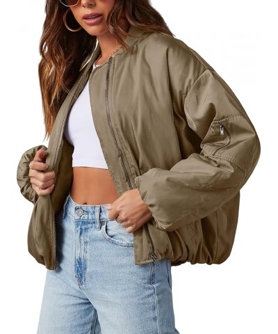 Womens Zip Up Bomber Jacket Oversized Fashion Casual Fully Lined Winter Coats With Pockets Dark Khaki $26.46 Jackets