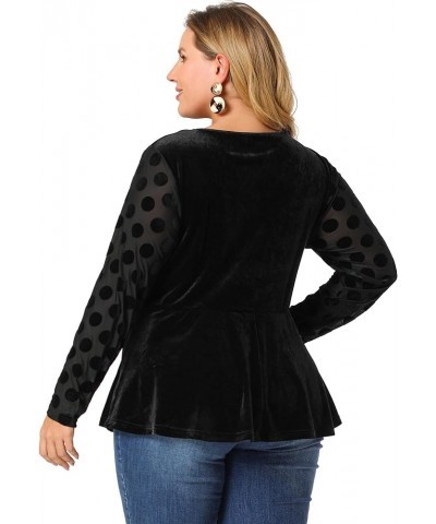 Plus Size Top for Women Polka Dots Sheer Sleeve Velvet Peplum Tops 2023 Black $16.73 Blouses