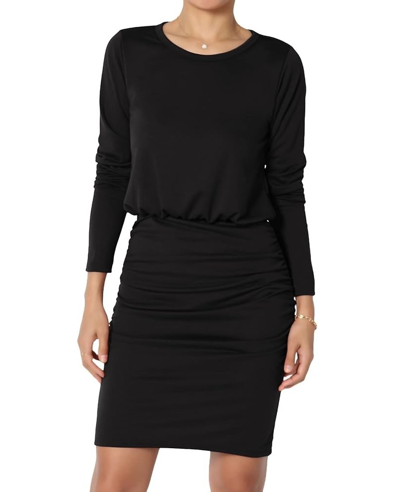 S~3X Long Sleeve Blouson Bodycon Casual Ruched Mini T-Shirt Dress Black $13.20 Dresses