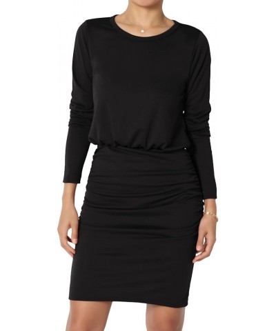 S~3X Long Sleeve Blouson Bodycon Casual Ruched Mini T-Shirt Dress Black $13.20 Dresses