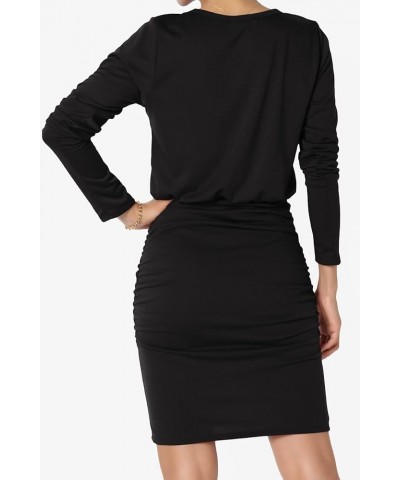 S~3X Long Sleeve Blouson Bodycon Casual Ruched Mini T-Shirt Dress Black $13.20 Dresses