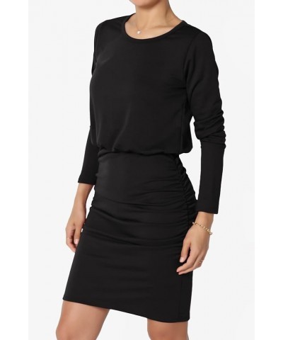 S~3X Long Sleeve Blouson Bodycon Casual Ruched Mini T-Shirt Dress Black $13.20 Dresses