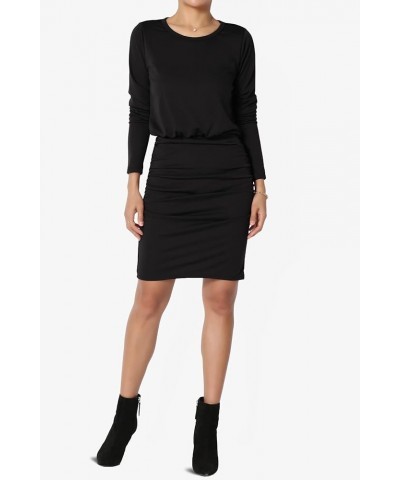 S~3X Long Sleeve Blouson Bodycon Casual Ruched Mini T-Shirt Dress Black $13.20 Dresses