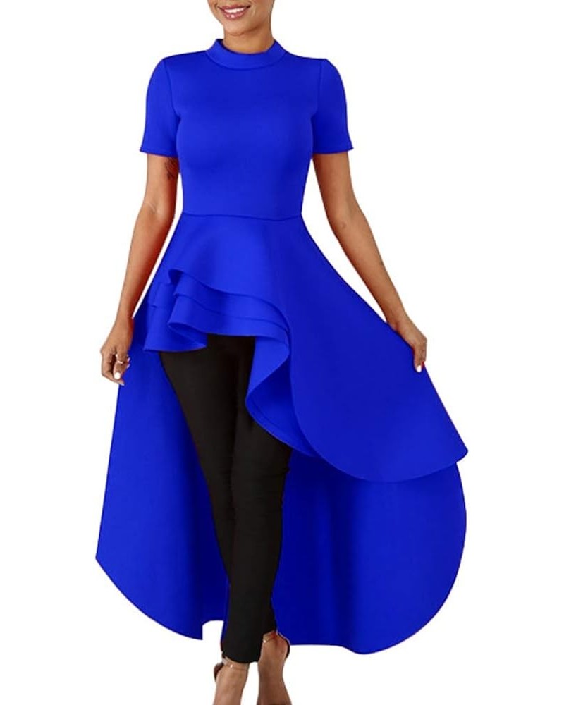 High Low Tops for Women - Ruffle Bodycon Peplum Asymmetrical Tunic Shirt Dresses F-blue $26.51 Tops