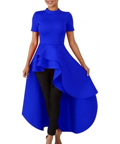 High Low Tops for Women - Ruffle Bodycon Peplum Asymmetrical Tunic Shirt Dresses F-blue $26.51 Tops