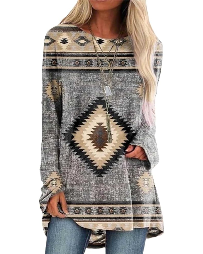 Plus Size Western Shirts for Women Cowgirl Long Sleeve Ethnic Print Crewneck T Shirts Blouse Flowy Tunic Tops B Aztec Gray $1...