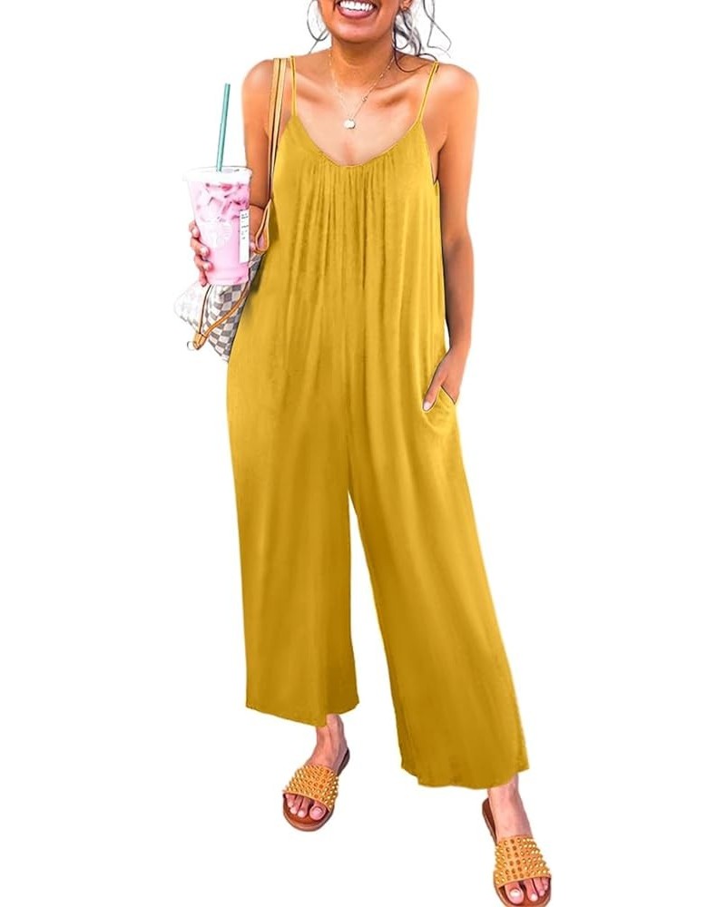 Women's Casual Sleeveless Front Button Loose Jumpsuits Stretchy Long Pants Romper with Pockets A Solid Yellow $16.58 Jumpsuits