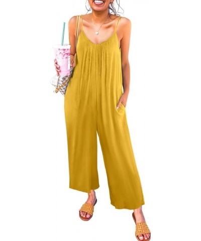 Women's Casual Sleeveless Front Button Loose Jumpsuits Stretchy Long Pants Romper with Pockets A Solid Yellow $16.58 Jumpsuits