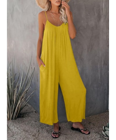 Women's Casual Sleeveless Front Button Loose Jumpsuits Stretchy Long Pants Romper with Pockets A Solid Yellow $16.58 Jumpsuits