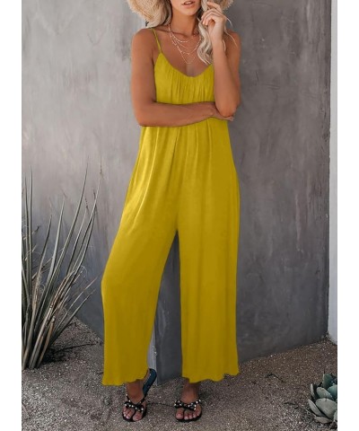 Women's Casual Sleeveless Front Button Loose Jumpsuits Stretchy Long Pants Romper with Pockets A Solid Yellow $16.58 Jumpsuits