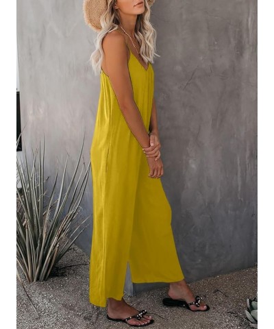 Women's Casual Sleeveless Front Button Loose Jumpsuits Stretchy Long Pants Romper with Pockets A Solid Yellow $16.58 Jumpsuits