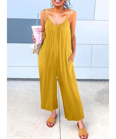 Women's Casual Sleeveless Front Button Loose Jumpsuits Stretchy Long Pants Romper with Pockets A Solid Yellow $16.58 Jumpsuits