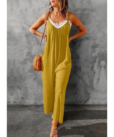 Women's Casual Sleeveless Front Button Loose Jumpsuits Stretchy Long Pants Romper with Pockets A Solid Yellow $16.58 Jumpsuits