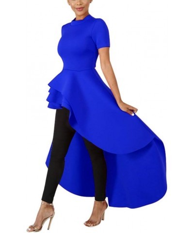 High Low Tops for Women - Ruffle Bodycon Peplum Asymmetrical Tunic Shirt Dresses F-blue $26.51 Tops