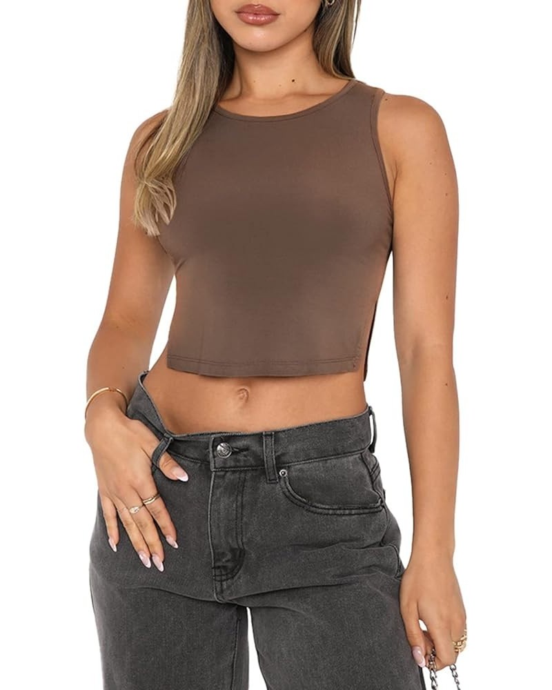 Womens Y2K Tops Summer Fashion Casual Sexy Slim Fitted Cute Crop Tops Tee Shirts 01-brown $7.50 Tanks