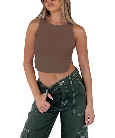 Womens Y2K Tops Summer Fashion Casual Sexy Slim Fitted Cute Crop Tops Tee Shirts 01-brown $7.50 Tanks