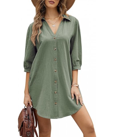 Women's 3/4 Sleeve V Neck Button Down Shirt Dress Casual Cotton Linen Blouse Tops with Pocket 3/4 Sleeve-army Green (Pocket) ...