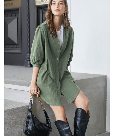 Women's 3/4 Sleeve V Neck Button Down Shirt Dress Casual Cotton Linen Blouse Tops with Pocket 3/4 Sleeve-army Green (Pocket) ...