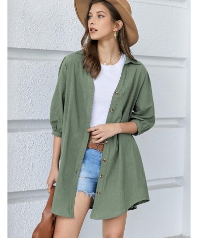 Women's 3/4 Sleeve V Neck Button Down Shirt Dress Casual Cotton Linen Blouse Tops with Pocket 3/4 Sleeve-army Green (Pocket) ...