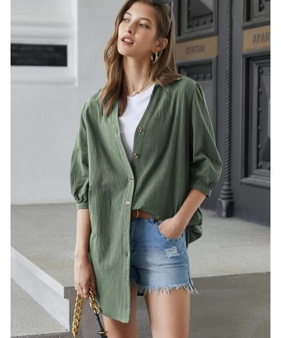 Women's 3/4 Sleeve V Neck Button Down Shirt Dress Casual Cotton Linen Blouse Tops with Pocket 3/4 Sleeve-army Green (Pocket) ...