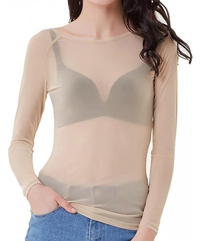 Women Mesh Gauze Blouse Tops Ladies' Seamless See-Through Long Sleeve Arm Shaper Pullovers Shirt Blouse Tops Khaki $5.85 Blouses