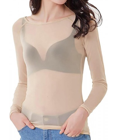 Women Mesh Gauze Blouse Tops Ladies' Seamless See-Through Long Sleeve Arm Shaper Pullovers Shirt Blouse Tops Khaki $5.85 Blouses