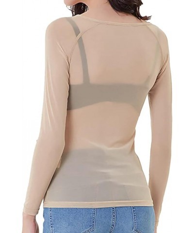 Women Mesh Gauze Blouse Tops Ladies' Seamless See-Through Long Sleeve Arm Shaper Pullovers Shirt Blouse Tops Khaki $5.85 Blouses