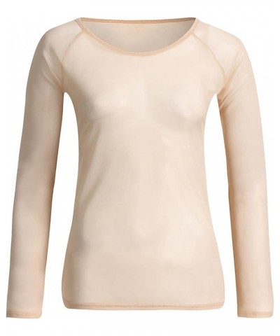 Women Mesh Gauze Blouse Tops Ladies' Seamless See-Through Long Sleeve Arm Shaper Pullovers Shirt Blouse Tops Khaki $5.85 Blouses