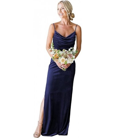 Women's Cowl Neck Velvet Bridesmaid Dress Long Spaghetti Straps Formal Wedding Guest Dresses with Side Slit Navy Blue $32.85 ...