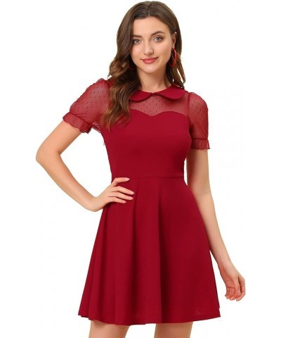 Retro Dresses for Women's Peter Pan Collar Valentine's Day A-Line Mesh Sleeve Dress Burgundy $17.15 Dresses