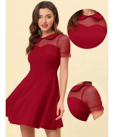 Retro Dresses for Women's Peter Pan Collar Valentine's Day A-Line Mesh Sleeve Dress Burgundy $17.15 Dresses