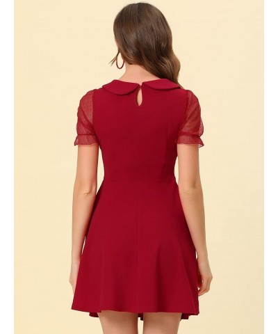 Retro Dresses for Women's Peter Pan Collar Valentine's Day A-Line Mesh Sleeve Dress Burgundy $17.15 Dresses