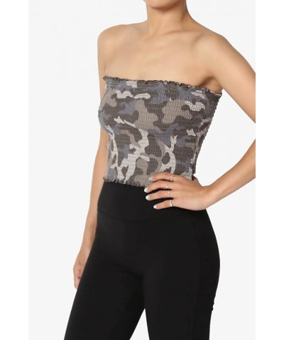 Women's Strapless Smocked Crop Tube Top Scalloped Hem Stretch Bustier Bandeau Camo Dusty Olive $10.19 Tops