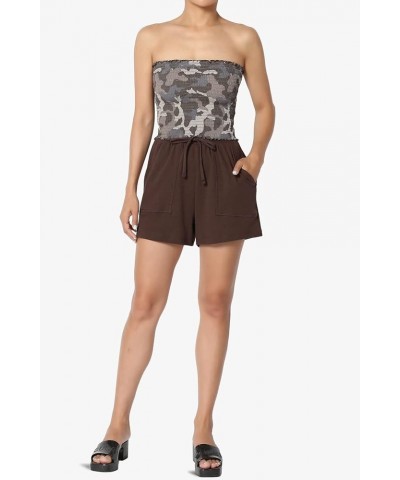 Women's Strapless Smocked Crop Tube Top Scalloped Hem Stretch Bustier Bandeau Camo Dusty Olive $10.19 Tops